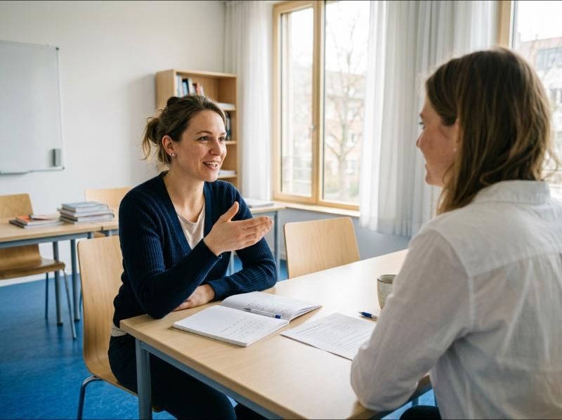 A healthcare professional speaking English in a one-to-one lesson