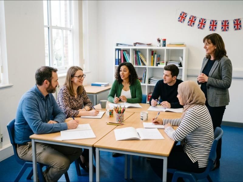 An international group of adult learners in a classroom with a teacher