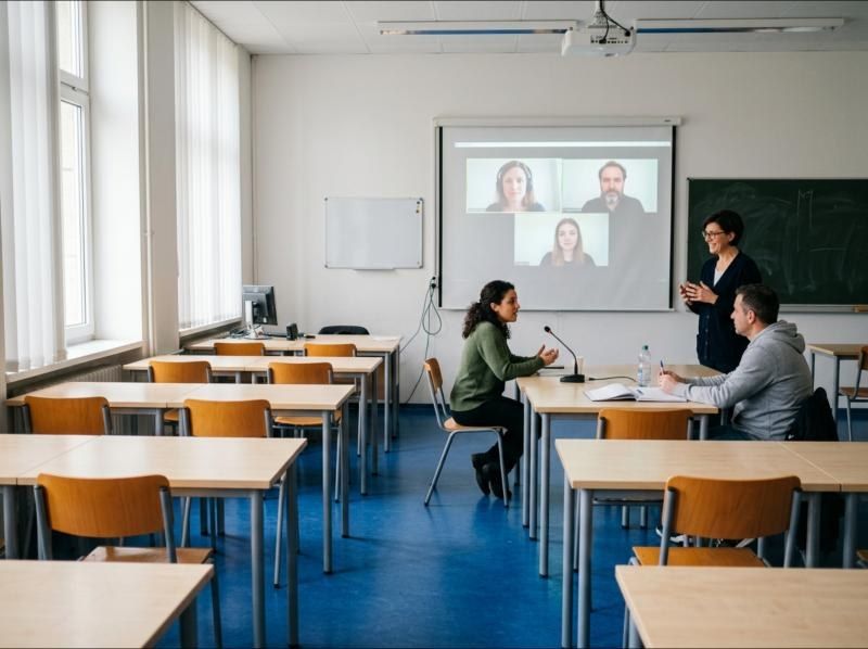 A teacher and learners in class with other learners joining on a video call