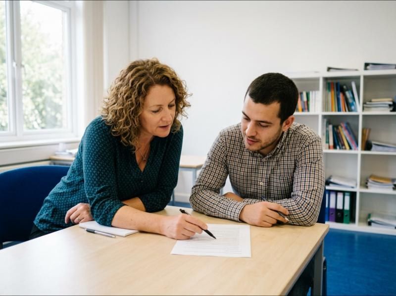 A teacher going through written work with an adult student