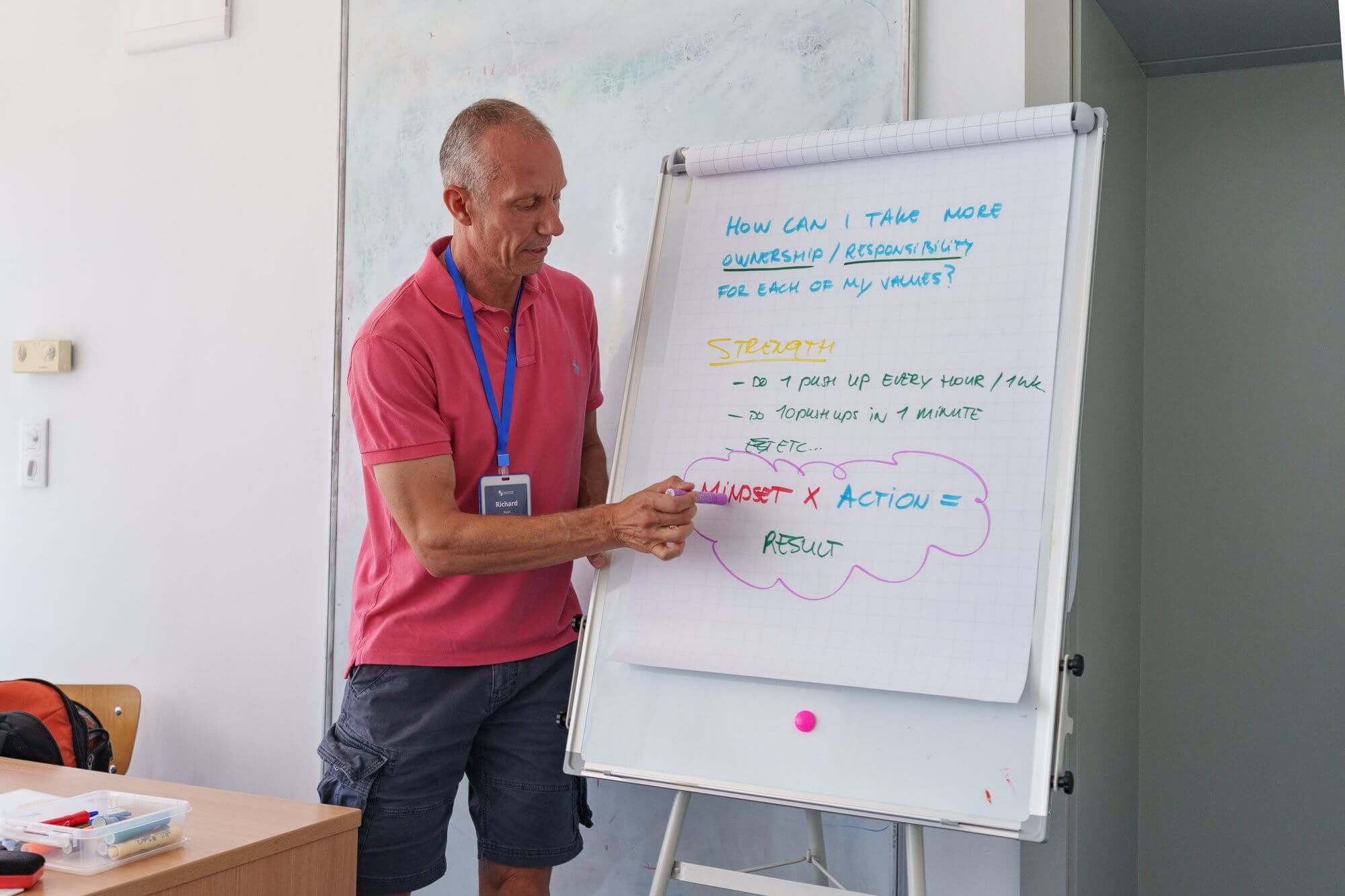 A teacher leading a leadership and mindset session at a flipchart at VIEC